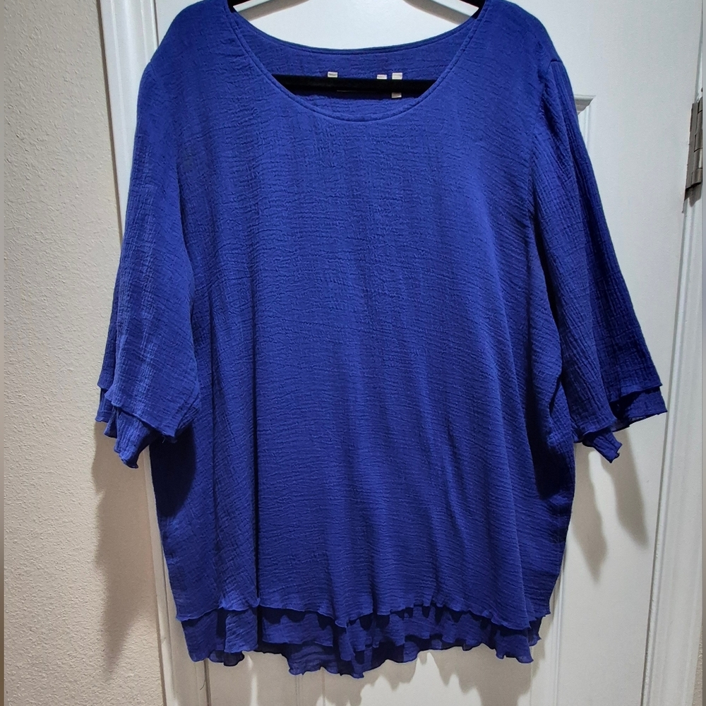 Soft Surroundings Blue Gauze Cotton Top 1X Flowy Boho Lightweight EUC